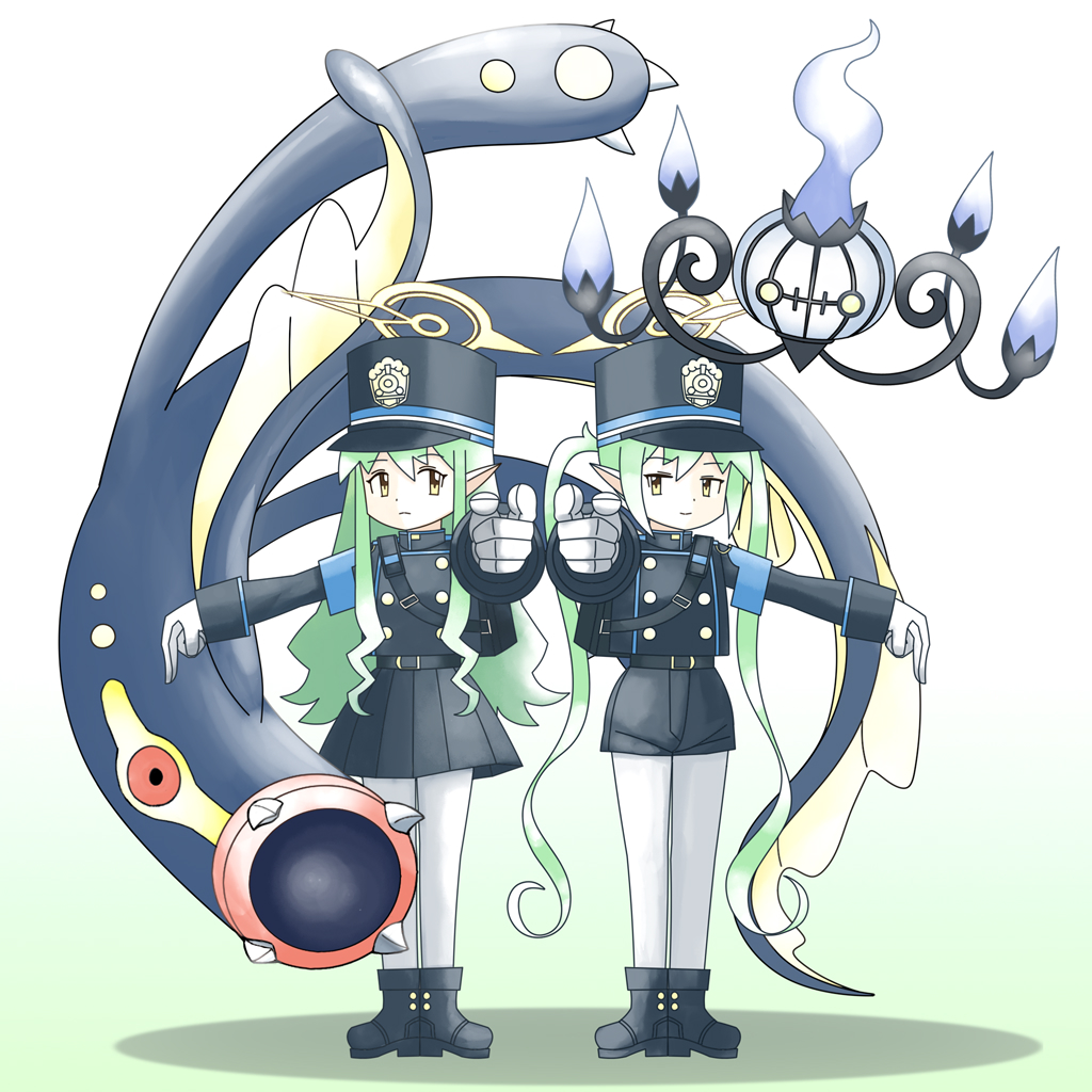 2girls black_hat black_jacket black_shorts black_skirt blue_archive chandelure closed_mouth creature crossover eelektross gen_5_pokemon gloves gradient_background hat hikari_(blue_archive) jacket looking_at_viewer monster multiple_girls nintendo nozomi_(blue_archive) pantyhose parody pokemon pokemon_(creature) shorts skirt smile style_parody tanaka_kanata_(rnuj2335) white_gloves white_pantyhose yellow_eyes