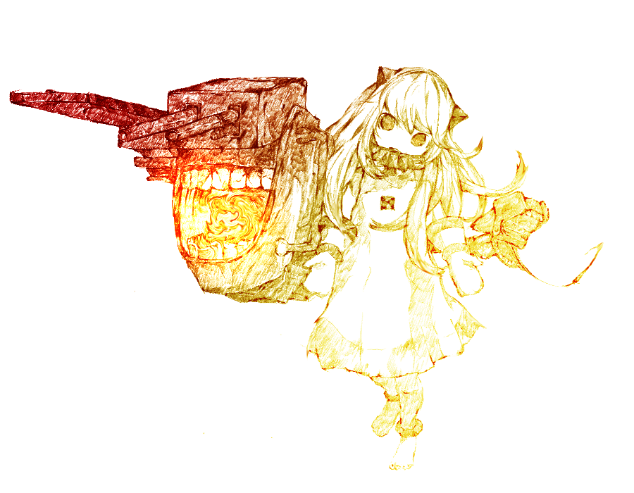 10s 1girl abyssal_ship anklet barefoot collar female_focus gradient_filter gurin33 head_tilt jewelry kantai_collection long_hair looking_at_viewer mittens monochrome northern_ocean_princess open_mouth ship_turret simple_background sketch small_horns solo spiked_anklet spiked_collar spikes teeth white_background