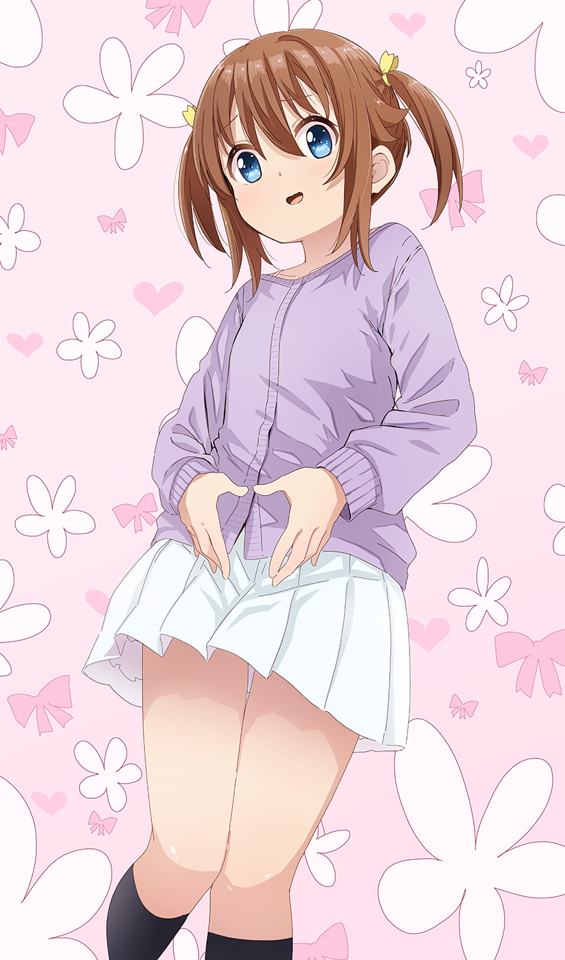 1girl abe_kanari black_socks blue_eyes brown_hair cardigan commentary_request feet_out_of_frame floral_background heart heart_hands high_school_fleet highres medium_hair misaki_akeno pink_background pleated_skirt purple_cardigan ribbon skirt socks solo standing twintails white_skirt yellow_ribbon