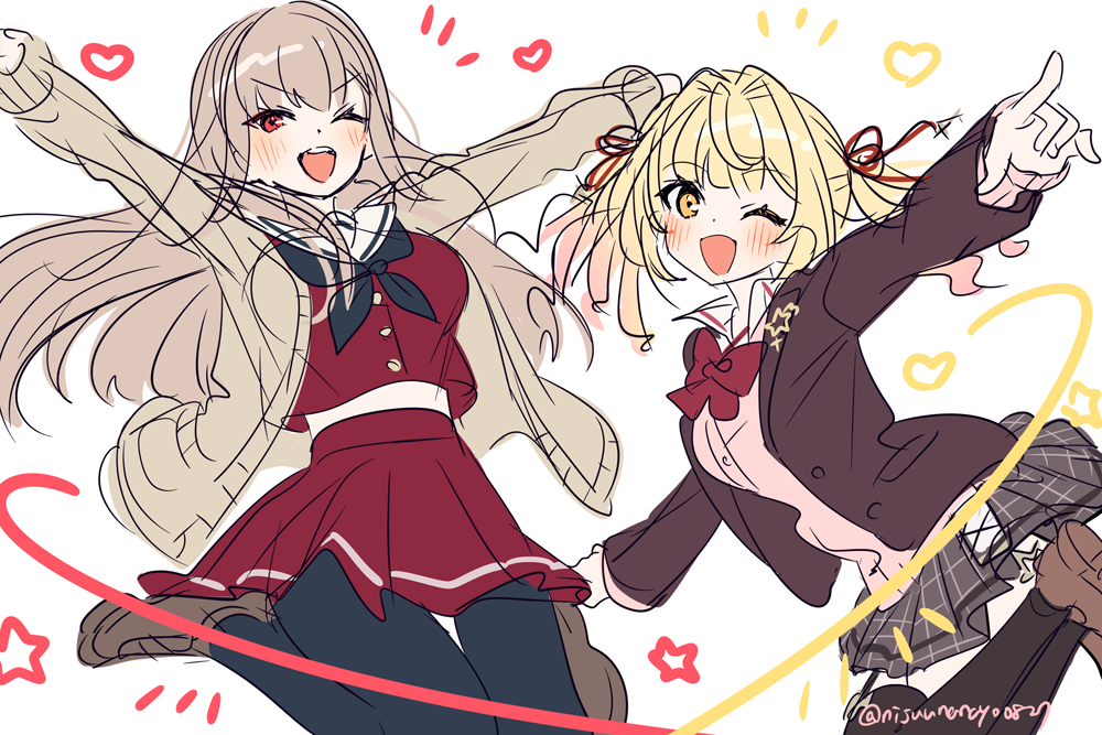 2girls ;d black_pantyhose black_thighhighs blazer blonde_hair blush brown_cardigan brown_footwear brown_hair brown_jacket cardigan collared_shirt furen_e_lustario furen_e_lustario_(school_uniform) grey_skirt hair_intakes hair_ribbon heart hoshikawa_sara hoshikawa_sara_(4th_costume) jacket loafers long_hair looking_at_viewer multiple_girls nijisanji ninahachi one_eye_closed open_cardigan open_clothes open_mouth orange_eyes outstretched_arms pantyhose pink_cardigan pleated_skirt red_eyes red_ribbon red_serafuku red_shirt red_skirt ribbon sailor_collar school_uniform serafuku shirt shoes sketch skirt sleeves_past_wrists smile star_(symbol) thighhighs twintails v-shaped_eyebrows very_long_hair virtual_youtuber white_background white_sailor_collar white_shirt