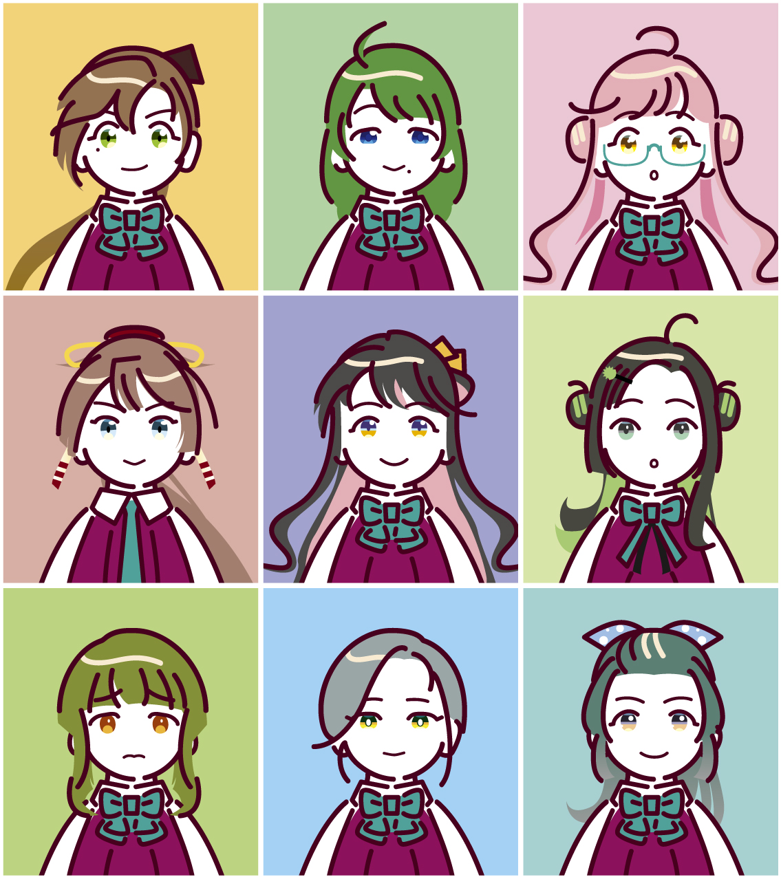 6+girls akigumo_(kancolle) black_hair blue_bow blue_bowtie blue_eyes blue_hair bow bowtie brown_hair closed_mouth collared_shirt commentary_request double_bun dress glasses green_eyes green_hair hair_bun hair_ribbon highres kantai_collection kazagumo_(kancolle) long_hair makigumo_(kancolle) makinami_(kancolle) mole mole_under_eye mole_under_mouth multicolored_hair multiple_girls naganami_(kancolle) ojipon parted_lips pink_hair ponytail purple_dress revision ribbon shirt short_hair simple_background smile suzunami_(kancolle) takanami_(kancolle) tamanami_(kancolle) upper_body white_shirt yuugumo_(kancolle)