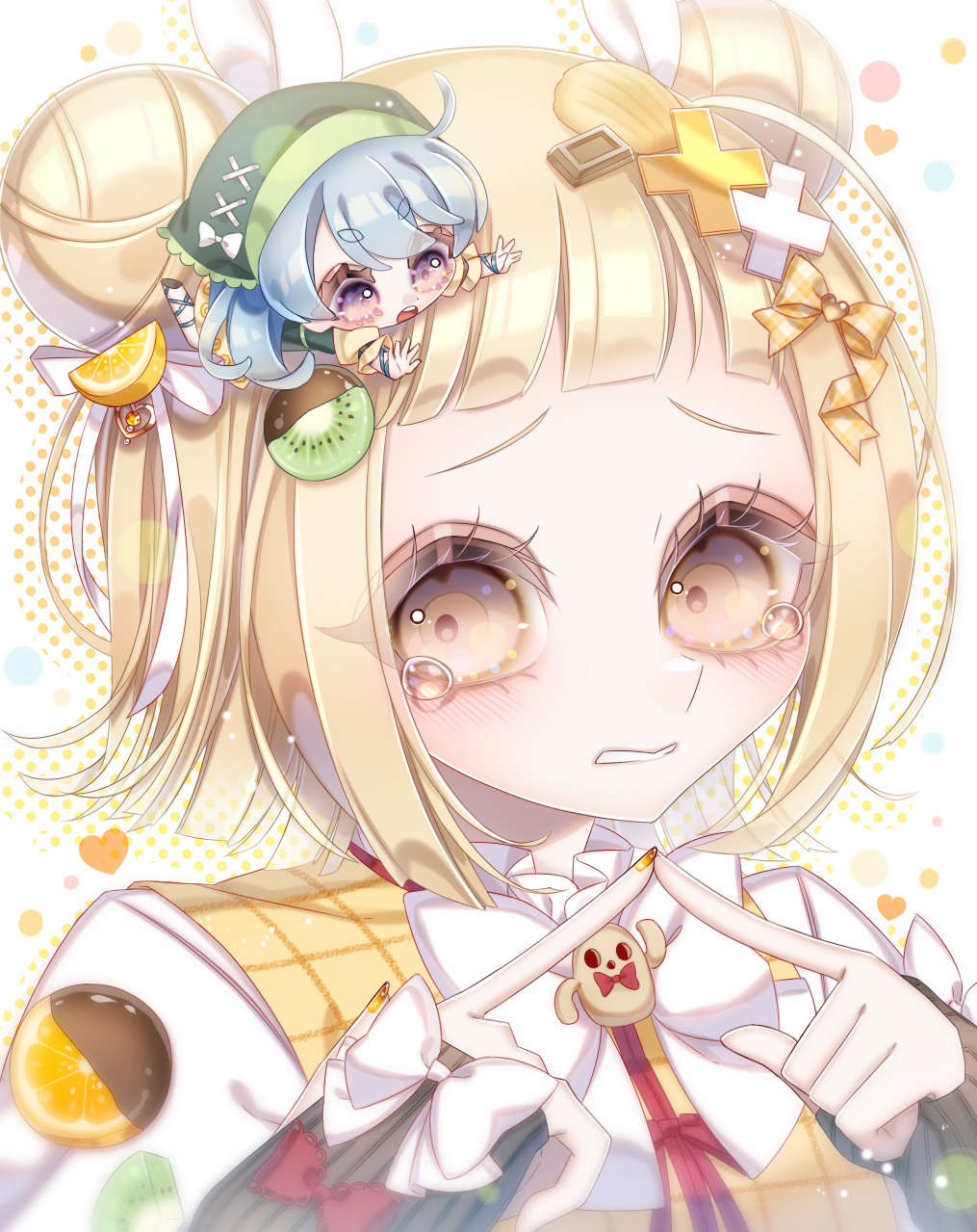 2girls blonde_hair blue_hair blunt_bangs blush bow bowtie chibi commentary_request double_bun dress eyelashes fidgeting food-themed_hair_ornament green_headscarf hair_bun hair_ornament haniyasushin_keiki headscarf highres index_fingers_together joutouguu_mayumi kiwi_hair_ornament kurumi407 lemon_hair_ornament long_sleeves multiple_girls nervous open_mouth parted_lips portrait purple_eyes short_hair tearing_up touhou white_bow white_bowtie x_hair_ornament yellow_bow yellow_dress yellow_eyes yellow_nails