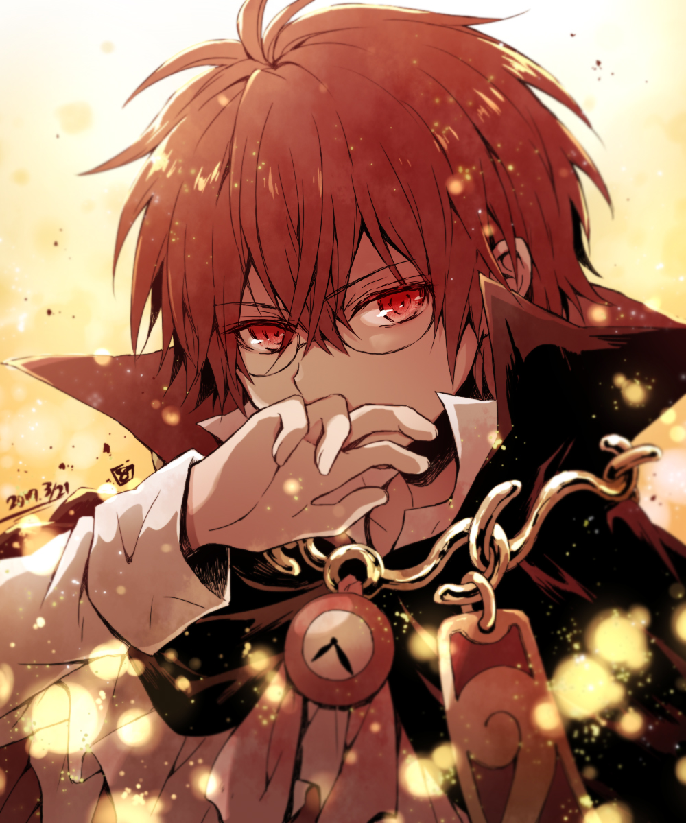 1boy glasses hair_between_eyes hana_(mew) high_collar highres klug_(puyopuyo) long_sleeves looking_at_viewer male_focus monochrome puyopuyo short_hair signature solo strange_klug upper_body wiping_mouth