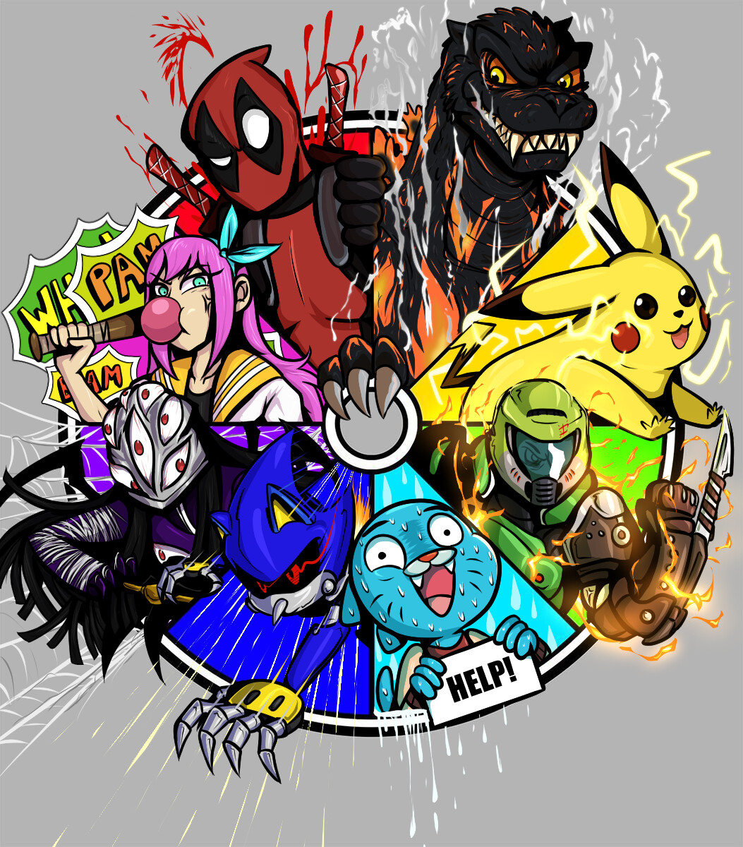 1girl 3others 4boys anger_vein angry baseball_bat blood burning_godzilla cartoon_network character_request chewing_gum color_wheel_challenge copyright_request creatures_(company) crossover deadpool deadpool_(series) dinosaur doom_(series) doomguy electricity fangs fire game_freak gen_1_pokemon godzilla godzilla_(series) godzilla_vs._destoroyah grey_background gumball_watterson juan_guarnido kaiju marvel mecha_sonic multiple_boys multiple_drawing_challenge multiple_eyes multiple_others nervous nintendo open_mouth pikachu pink_hair pokemon scared silk smile smoke sonic_(series) spider_web sweat the_amazing_world_of_gumball toho