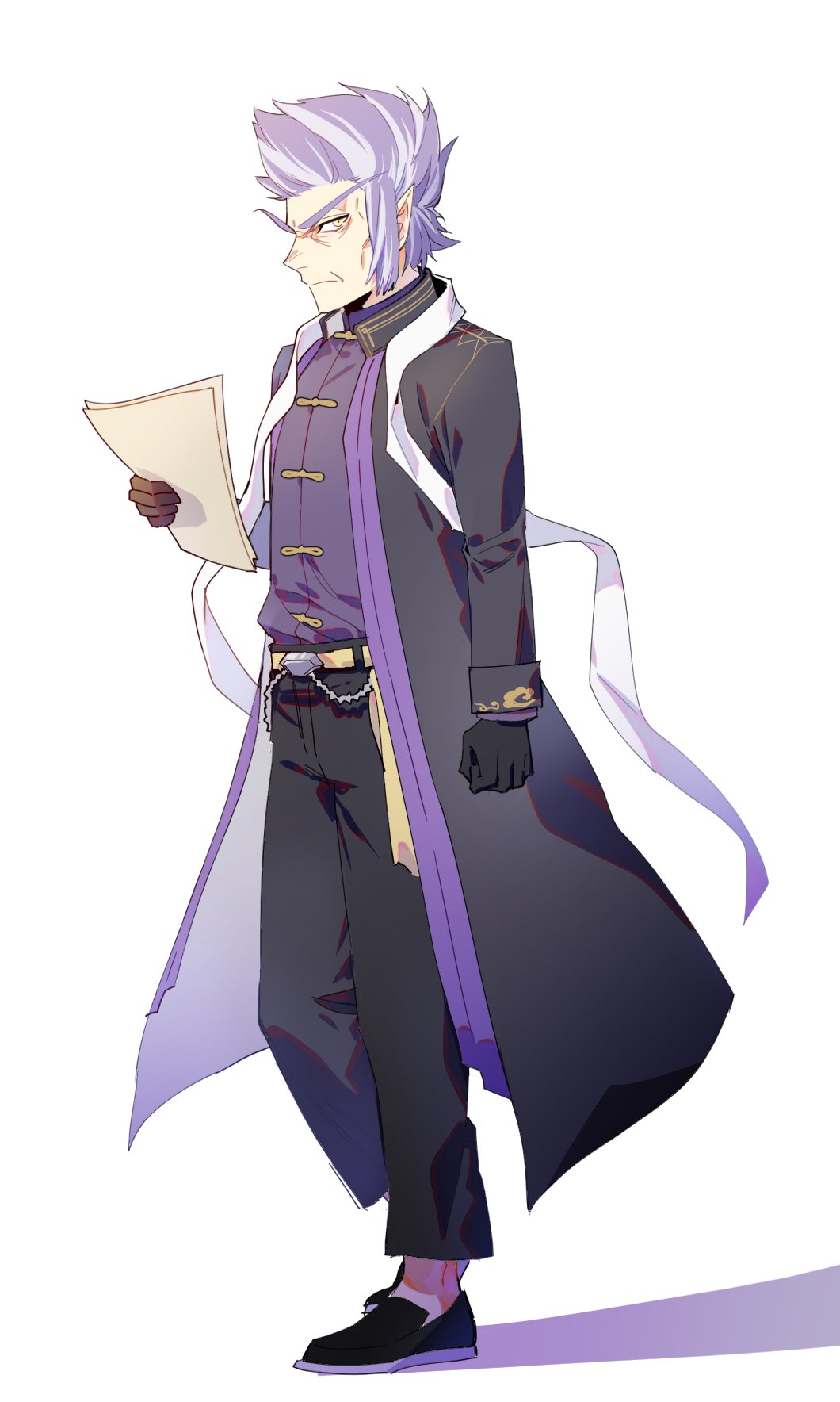 1boy belt black_coat black_gloves black_pants black_shoes chinese_clothes closed_mouth coat full_body gloves highres holding holding_paper long_eyebrows long_sleeves looking_at_viewer maiucal male_focus pants paper pathfinder profile purple_hair purple_shirt regill_(pathfinder) shirt shoes short_hair simple_background solo v-shaped_eyebrows white_background yellow_belt yellow_eyes