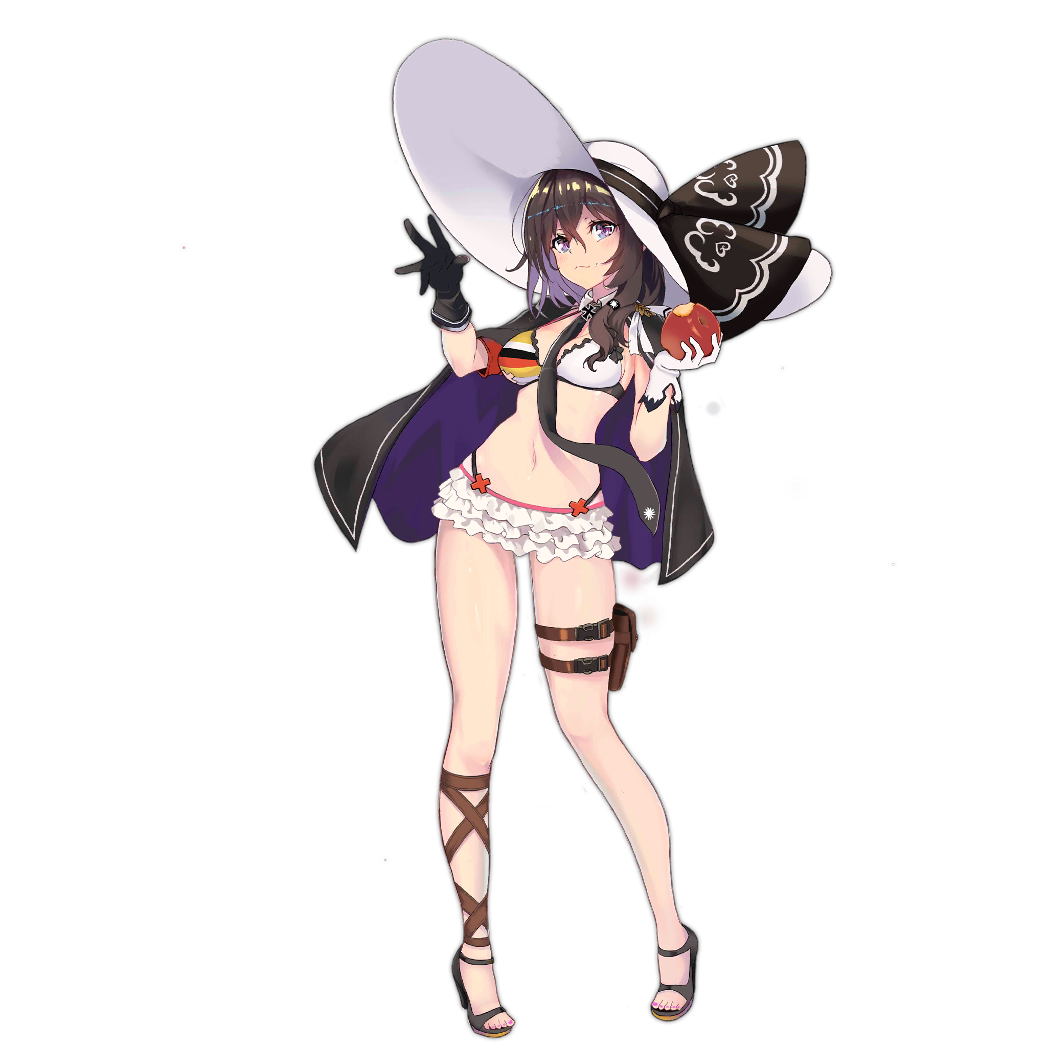 1girl :3 alternate_hairstyle apple armband between_breasts bikini black_cloak black_gloves black_necktie blush breasts brown_hair cleavage cloak closed_mouth detached_collar flag_print food frilled_bikini frills fruit full_body german_flag_bikini girls'_frontline gloves hair_between_eyes hair_over_shoulder hand_up hat highres holding holding_food holding_fruit holster long_hair looking_at_viewer medium_breasts nail_polish navel necktie necktie_between_breasts official_alternate_costume official_art p38_(apprentice_witch)_(girls'_frontline) p38_(girls'_frontline) pink_nails purple_eyes revision sandals sidelocks skindentation solo stomach sun_hat swimsuit thigh_holster thigh_strap toenail_polish toenails tori_(minamopa) transparent_background white_gloves white_hat