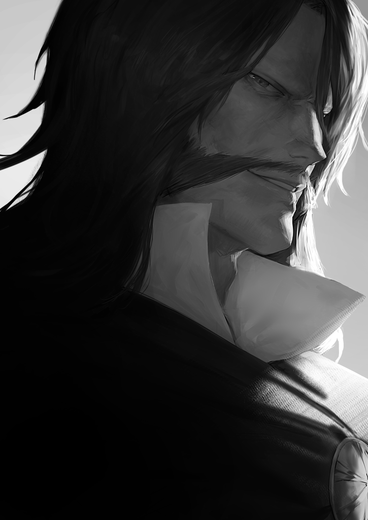 1boy black_hair bleach bleach:_sennen_kessen-hen collared_shirt facial_hair greyscale long_hair looking_at_viewer male_focus mi8pq monochrome mustache quincy_(bleach) shirt smile solo sternritter yhwach