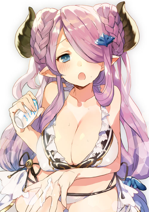 10s 1girl :o bare_arms bare_shoulders bikini blue_eyes blush breasts cleavage double_bun draph female_focus granblue_fantasy hair_bun hair_over_one_eye hair_ribbon horns ikey ikeya large_breasts long_hair looking_at_viewer low_twintails narmaya_(granblue_fantasy) narmaya_(summer)_(granblue_fantasy) navel open_mouth purple_hair ribbon solo swimsuit tress_ribbon twintails white_bikini