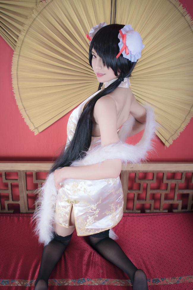 1girl artist_request asian bare_shoulders black_hair black_thighhighs blurry bun_cover china_dress chinese_clothes color_contacts cosplay date_a_live depth_of_field double_bun dress feather_boa female_focus hair_bun hair_over_one_eye halter_dress halterneck indoors kneeling lace lace-trimmed_legwear lace_trim long_hair looking_at_viewer looking_back makeup mascara no_shoes parted_lips photo_(medium) red_eyes short_china_dress side_slit sitting sleeveless sleeveless_dress solo thighhighs tokisaki_kurumi tokisaki_kurumi_(cosplay) twintails zettai_ryouiki