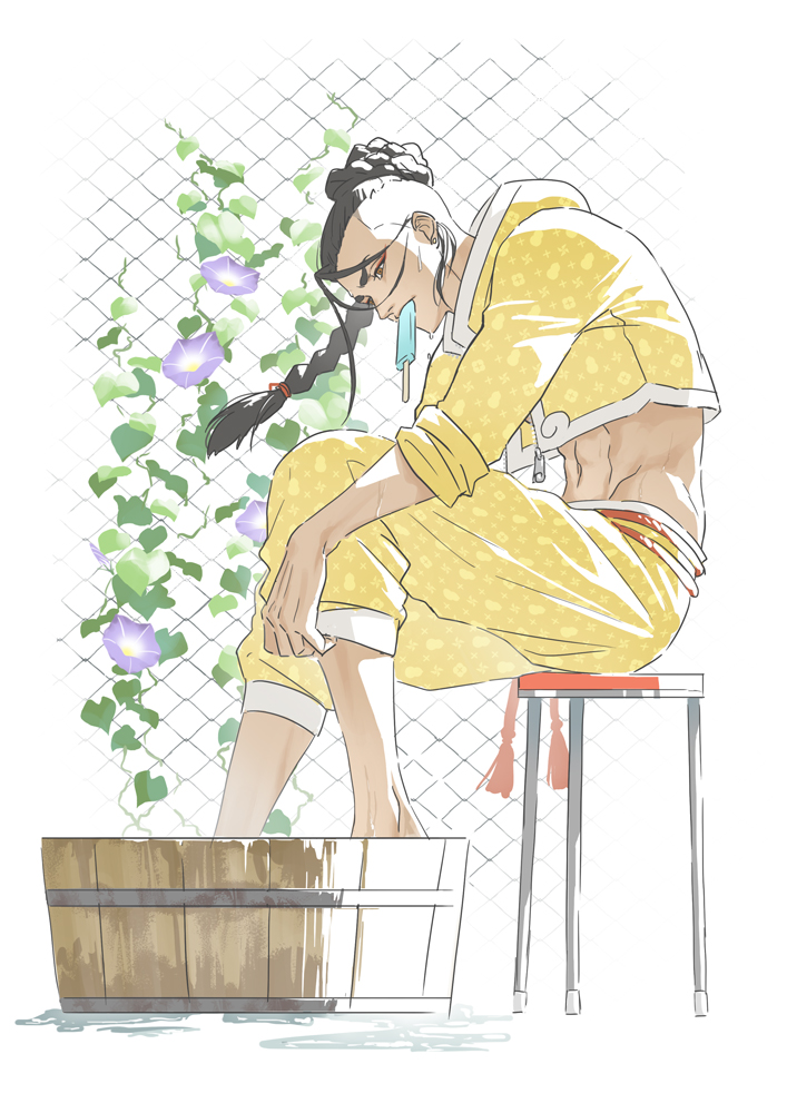 1boy abs basin belt black_hair braid chain-link_fence cropped_jacket curled_fingers eating eyeliner fence flower food food_in_mouth groin hot jacket jamie_siu long_bangs long_braid looking_down makeup male_focus midriff multicolored_clothes on_stool pants pants_rolled_up patterned_clothing plant popsicle popsicle_in_mouth profile purple_flower red_belt red_eyeliner red_rope rope rope_belt single_braid sitting sleeves_rolled_up solo stool street_fighter street_fighter_6 sweat sweatdrop utsuse washing_feet white_background white_trim yellow_jacket yellow_pants zipper_pull_tab