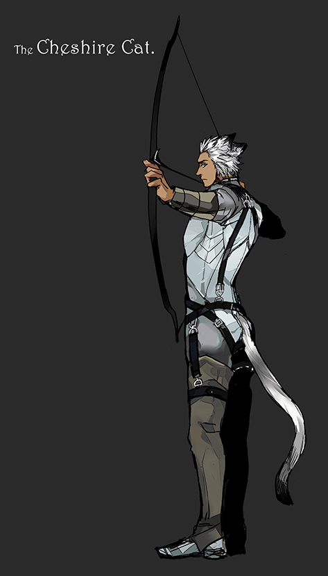 1boy alice&#039;s_adventures_in_wonderland animal_ears archer_(fate) bow_(weapon) cat_ears cat_tail cheshire_cat_(alice_in_wonderland) cheshire_cat_(cosplay) cosplay crimo fate/stay_night fate_(series) male_focus solo tail weapon white_hair