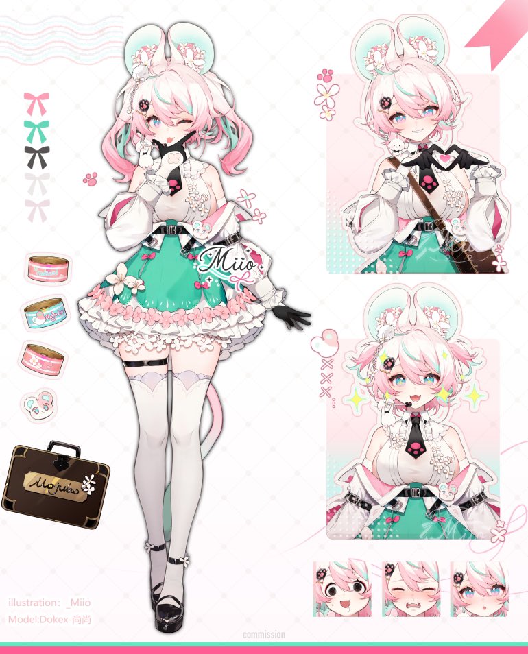1girl :o ;p animal animal_ear_fluff animal_ears animal_on_shoulder ankle_flower aqua_hair aqua_skirt argyle_background arin_(fanfan013) arm_belt artist_name bare_shoulders belt belt_buckle black_belt black_footwear black_gloves blue_eyes blush bow breasts briefcase bright_pupils buckle can canned_food close-up closed_eyes closed_mouth collared_shirt color_guide colored_inner_hair commentary commission cropped_legs cross-eyed drooling empty_eyes eyelashes flower frilled_skirt frilled_sleeves frills frown full_body gloves grin hair_flower hair_intakes hair_ornament hand_on_own_chin headpiece high-waist_skirt high_belt jacket knees large_breasts long_hair long_sleeves mary_janes miniskirt mouse_(animal) mouse_ears mouse_tail multicolored_eyes multicolored_hair multiple_belts multiple_expressions multiple_views one_eye_closed open_belt open_mouth original outline paw_hair_ornament pet_food petticoat pink_eyes pink_hair pom_pom_(clothes) pom_pom_hair_ornament puffy_long_sleeves puffy_sleeves reference_sheet see-through_clothes see-through_shirt shirt shoes sideboob simple_background skirt smile sparkle straight-on streaked_hair symbol-only_commentary tail thigh_belt thigh_strap thighhighs tongue tongue_out twintails two-sided_fabric two-sided_jacket two-tone_eyes white_background white_flower white_jacket white_outline white_pupils white_thighhighs