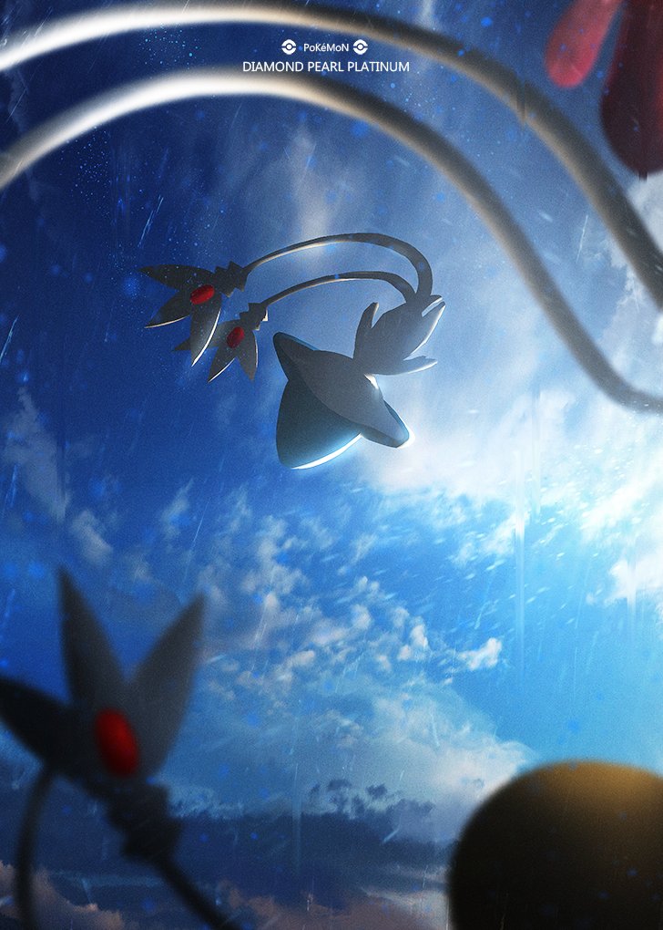azelf blurry blurry_foreground cloud commentary_request copyright_name day gen_4_pokemon legendary_pokemon mesprit nintendo no_humans otsumami_(bu-bu-heaven) outdoors poke_ball_symbol pokemon pokemon_(creature) sky uxie