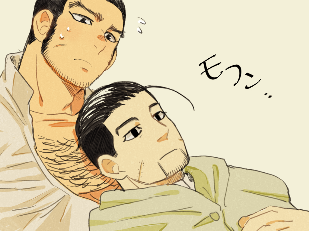 2boys bara beard_stubble black_hair blank_stare buzz_cut facial_hair facial_scar from_side goatee_stubble golden_kamuy long_sideburns looking_at_another loose_hair_strand male_focus mature_male multiple_boys muscular muscular_male ogata_hyakunosuke pectoral_cleavage pectoral_pillow pectorals scar scar_on_cheek scar_on_face short_hair sideburns souda_(sosoda) stubble sweatdrop tanigaki_genjirou thick_chest_hair thick_eyebrows upper_body very_short_hair