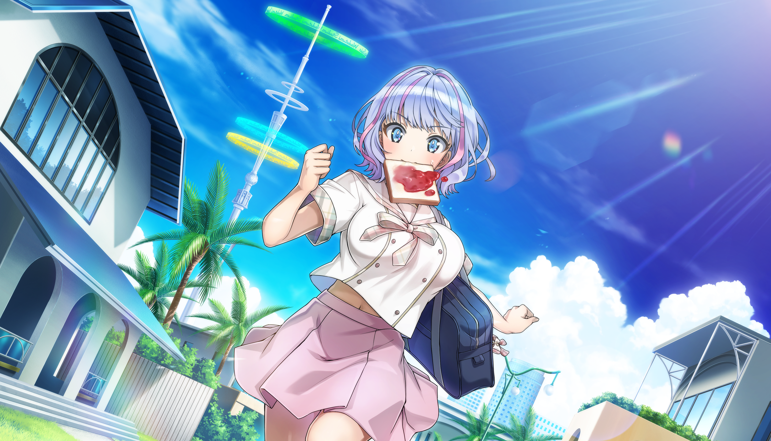 1girl bag blue_eyes blue_hair blush bouncing_breasts bread bread_slice breasts cityscape cloud day dolphin_wave food food_in_mouth game_cg highres kukuri_tomo large_breasts looking_at_viewer medium_hair mouth_hold multicolored_hair navel neckerchief non-web_source official_art ootomo_takuji outdoors pink_hair pink_skirt plaid_clothes plaid_neckerchief pleated_skirt running sailor_collar school_uniform shirt short_sleeves shoulder_bag skirt streaked_hair sunlight sweatdrop toast toast_in_mouth white_sailor_collar white_shirt