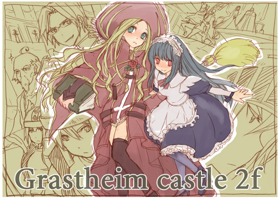 2girls 6+boys abysmal_knight ahoge alice_(ragnarok_online) bad_id beard black_dress blonde_hair blue_eyes blue_hair book broom closed_mouth commentary_request dark_priest_(ragnarok_online) dress english_text engrish_text facial_hair frilled_dress frills full_body glasses hat helmet holding holding_book holding_broom humanization lala_(sputnik) long_hair looking_at_viewer maid maid_headdress multiple_boys multiple_girls ragnarok_online ranguage raydric raydric_archer red_dress red_eyes red_hat smile wander_man