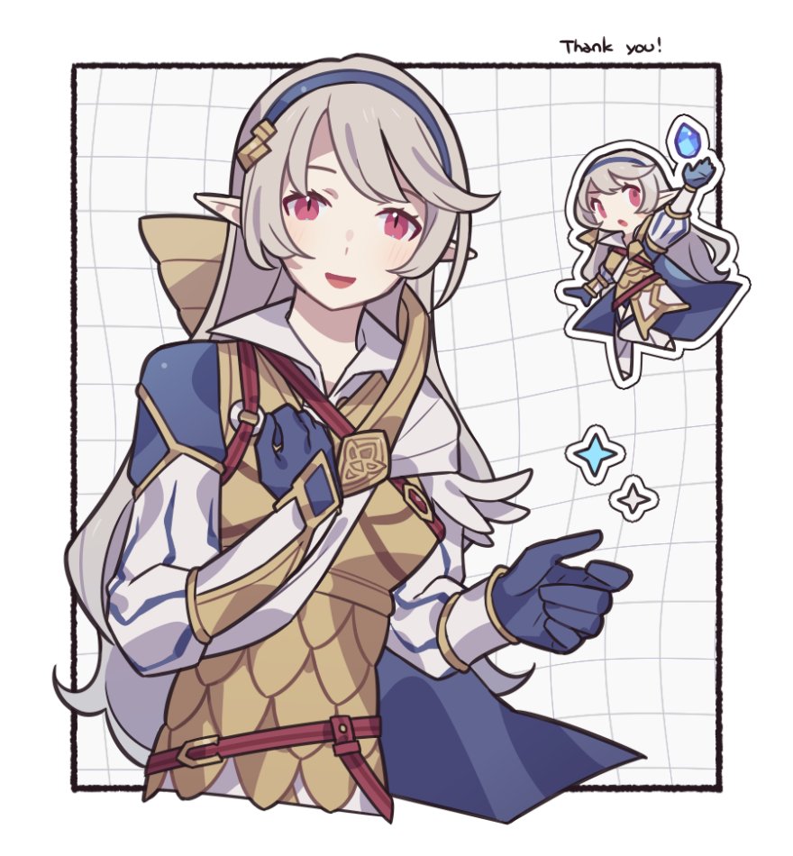 1girl armor blue_gloves blue_hairband border chainmail chibi chibi_inset commentary_request corrin_(female)_(fire_emblem) corrin_(fire_emblem) cropped_torso eyelashes fire_emblem fire_emblem_fates fire_emblem_heroes gloves gold grey_hair grid_background haconeri hairband long_hair looking_at_viewer multiple_views nintendo open_mouth outside_border pointy_ears red_eyes simple_background smile sparkle thank_you white_background white_border
