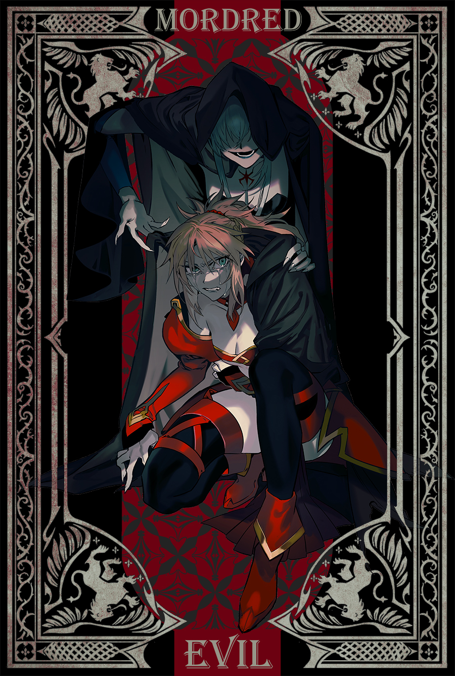 2girls bare_shoulders black_dress blonde_hair braid breasts character_name commentary crying dress english_commentary evil_smile fate/apocrypha fate_(series) fingernails green_eyes grey_hair hair_ornament hair_scrunchie half_up_braid highres kaifei_(kaifei_29) long_fingernails long_hair long_sleeves looking_at_viewer mordred_(fate) mordred_(fate/apocrypha) morgan_le_fay_(fate) morgan_le_fay_(fate/apocrypha) multiple_girls on_one_knee ponytail prydwen_(fate) red_scrunchie scrunchie small_breasts smile text_background very_long_hair