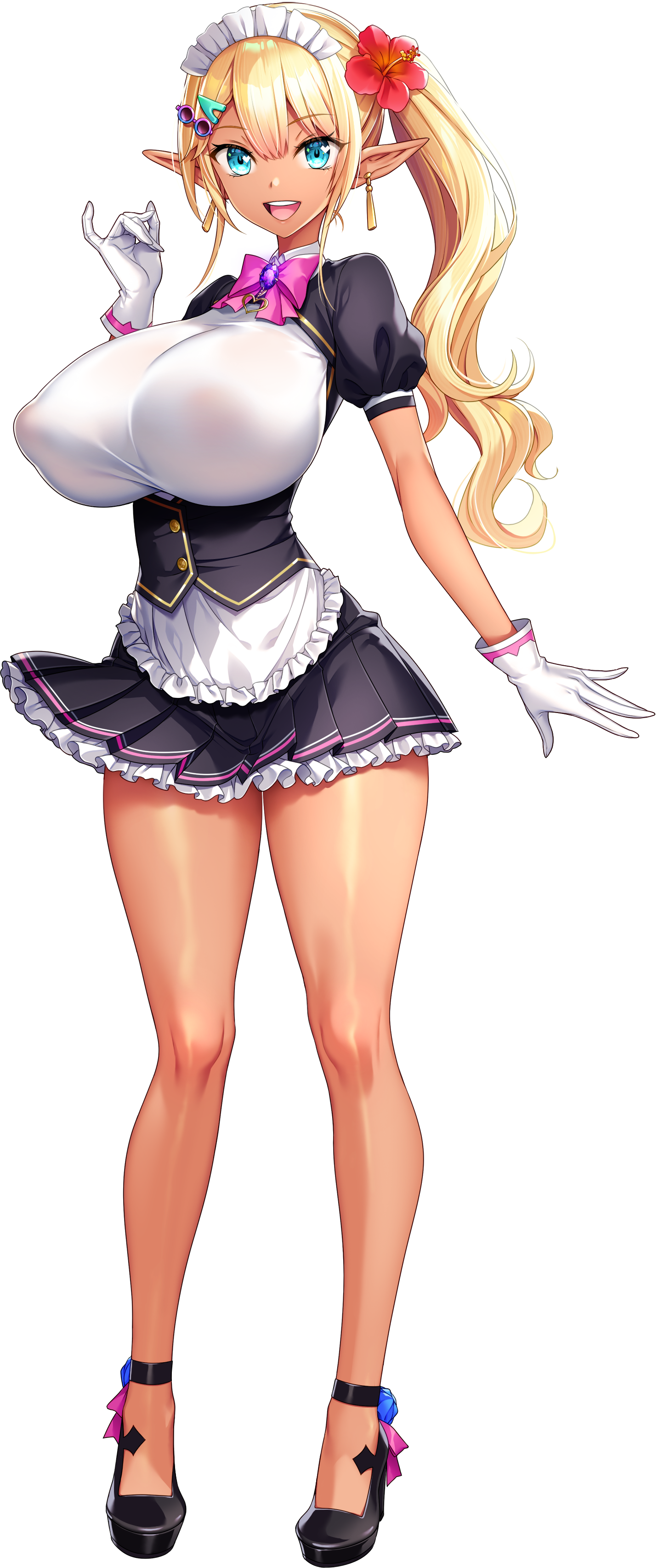 1girl absurdres akagi_rio apron black_shoes black_skirt blonde_hair blue_eyes bow bowtie breasts collar_jewel covered_erect_nipples dark-skinned_female dark_elf dark_skin elf femme_de_menage_maid_academy_uniform flower footwear_flower frilled_apron frills full_body game_cg gem gloves gyaru hair_flower hair_ornament hairclip heart heart_in_eye high_heels highres huge_breasts long_hair long_pointy_ears looking_at_viewer maid maid_apron maid_headdress milk_factory motto!_haramase!_honoo_no_oppai_isekai_oppai_maid_gakuen! myunmyun_lafleur non-web_source official_art pink_bow pink_bowtie pleated_skirt pointy_ears purple_brooch purple_gemstone red_flower see-through_clothes see-through_shirt shirt shoes side_ponytail sidelocks skirt solo sprite standing symbol_in_eye tachi-e tan transparent_background waist_apron white_gloves