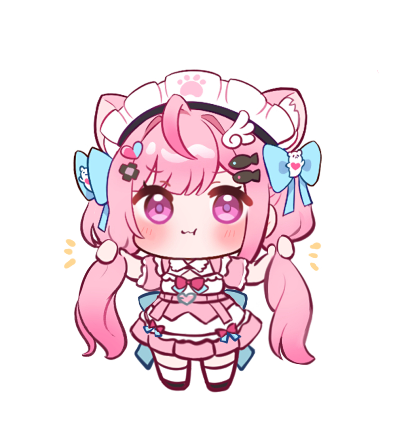 1girl :3 :t ahoge animal_ears back_bow belt black_shoes blue_bow blush bow cat_ears cat_girl chibi chibi_only closed_mouth dress extra_ears fish_hair_ornament ghost_hair_ornament grabbing_own_hair hair_bow hair_ornament hairclip heart heart_hair_ornament indie_virtual_youtuber long_hair looking_at_viewer maid maid_headdress nikoo paw_print pink_belt pink_bow pink_dress pink_eyes pink_hair pout shoes short_sleeves simple_background solo thighhighs twintails two-tone_bow two_side_up virtual_youtuber white_background white_thighhighs wing_hair_ornament yuuki_sakuna