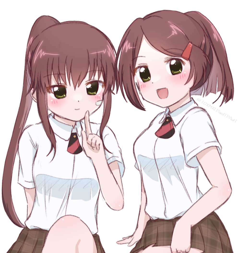 2girls high_ponytail kanzaki_nyo kissxsis multiple_girls non-web_source plaid_clothes plaid_skirt ponytail siblings skirt suminoe_ako suminoe_riko tagme twins