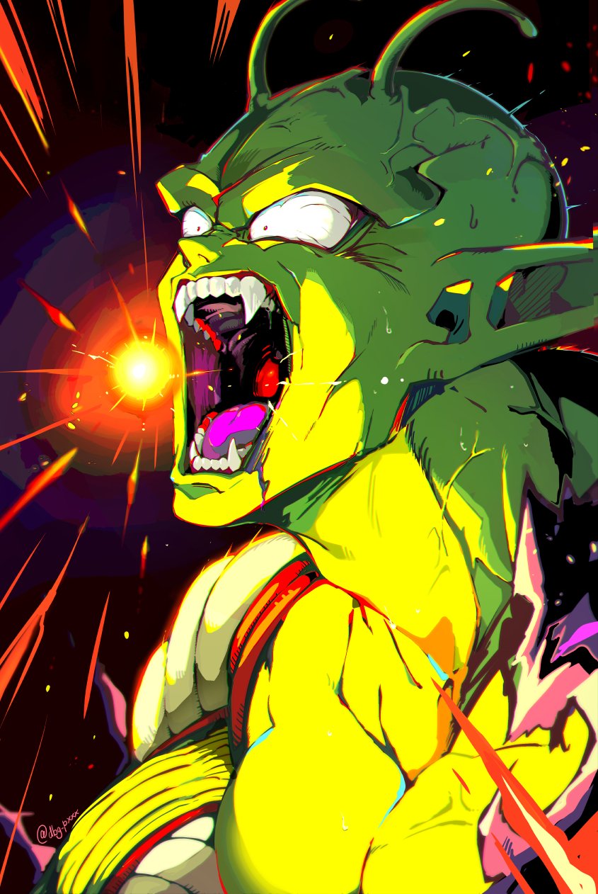 1boy antennae bald bb_m0024 colored_skin commentary_request dougi dragon_ball dragon_ball_(classic) dragonball_z fangs green_skin highres imminent_attack male_focus mouth_beam muscular muscular_male open_mouth pectoral_cleavage pectorals piccolo pointy_ears red_eyes solo sweatdrop teeth tongue torn_clothes twitter_username upper_body veiny_face veiny_neck wide-eyed