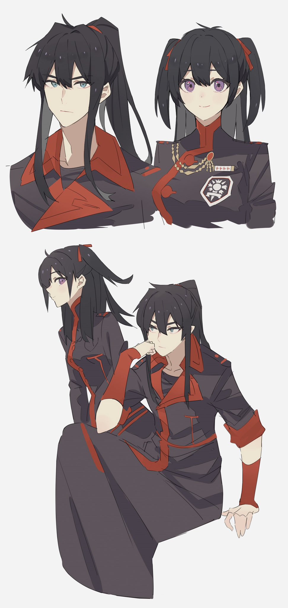 1boy 1girl badge black_coat black_hair black_order_uniform black_shirt blue_eyes clone coat collared_coat crossed_legs d.gray-man floating_hair george_man grey_background hair_between_eyes hair_ribbon hand_on_own_chin high_ponytail highres kanda_yuu lenalee_lee long_coat long_hair looking_at_another looking_at_viewer military military_uniform ponytail purple_eyes red_ribbon red_stripes ribbon shirt sidelocks sitting smile striped_coat two_side_up