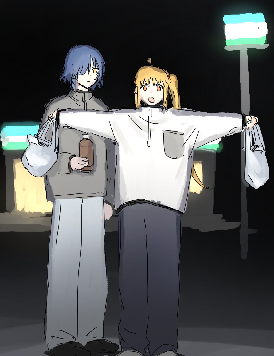 2girls ahoge bag black_pants blonde_hair blue_hair bocchi_the_rock! detached_ahoge familymart grey_jacket hair_ornament hair_over_one_eye hairclip highres holding holding_bag ijichi_nijika jacket long_hair multiple_girls night nininikal outdoors pants shirt short_hair side_ponytail standing white_pants white_shirt yamada_ryo yellow_eyes