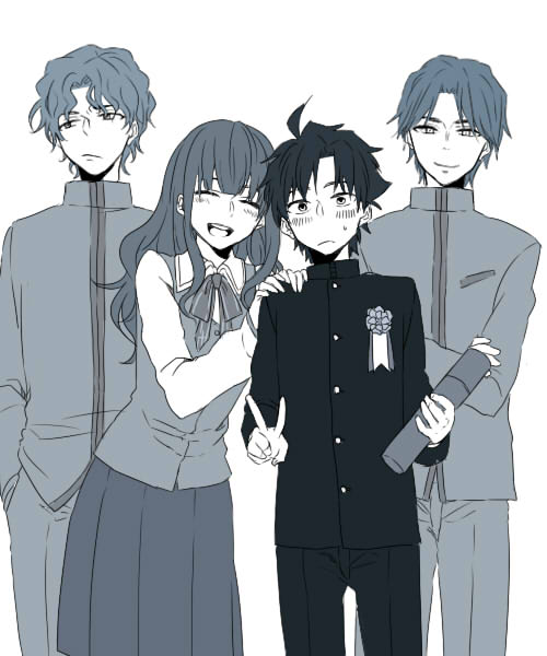 1girl 3boys aged_down ahoge blush brothers fate/zero fate_(series) gakuran homurabara_academy_school_uniform long_hair matou_byakuya matou_kariya matou_kariya_(original_appearance) multiple_boys ronpaxronpa school_uniform short_hair siblings smile tohsaka_aoi tohsaka_tokiomi v