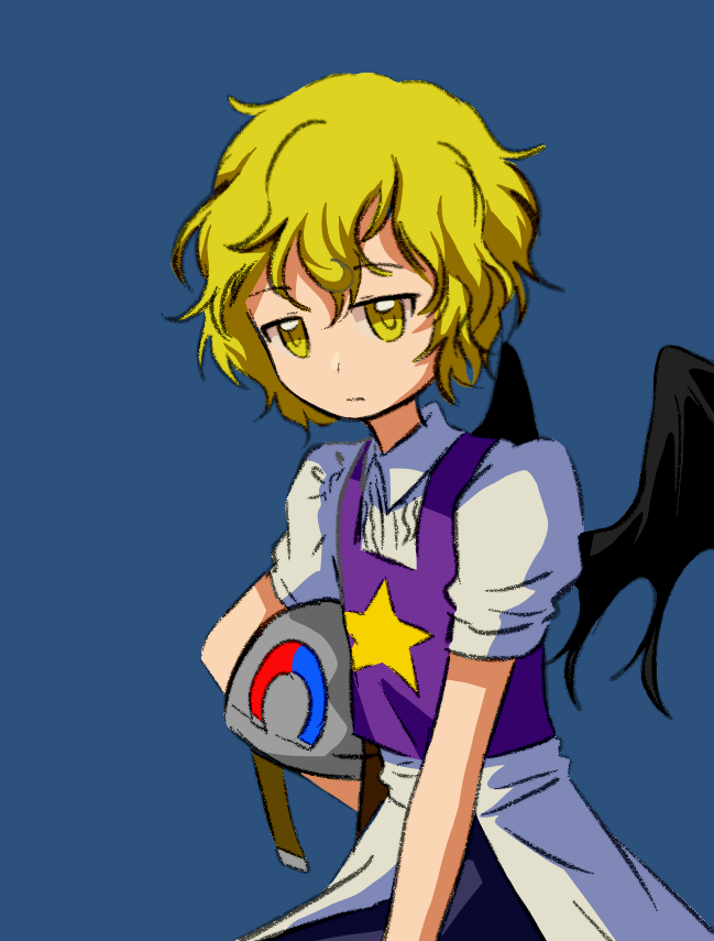1other androgynous baila_kuangzi black_wings blonde_hair blue_background center_frills closed_mouth collared_shirt frills grey_helmet helmet holding holding_helmet len&#039;en magnet other_focus puffy_short_sleeves puffy_sleeves purple_vest shirt short_hair short_sleeves simple_background solo star_(symbol) star_print umatachi_tsugumi vest white_shirt wings yellow_eyes