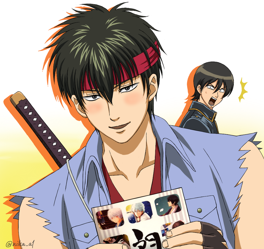 2boys anime_coloring black_eyes black_hair blush fingerless_gloves gintama gloves gradient_background hair_between_eyes headband hijikata_toushirou holding holding_behind_back holding_sword holding_sword_behind_back holding_weapon holding_weapon_behind_back jacket katana looking_at_viewer male_focus multiple_boys nika_a1 official_alternate_costume open_mouth otaku red_headband shinsengumi_(gintama) shirt sleeveless sleeveless_shirt smile surprised sword torn_clothes upper_body weapon weapon_on_back yamazaki_sagaru yellow_background