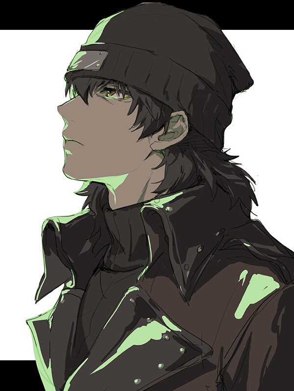 1boy adam&#039;s_apple aragaki_shinjirou beanie black_hat black_shirt brown_hair closed_mouth coat commentary_request frown hair_behind_ear hair_between_eyes hat high_collar isa_(peien516) lapels letterboxed looking_up male_focus medium_hair persona persona_3 profile red_eyes shirt solo turtleneck upper_body wing_collar