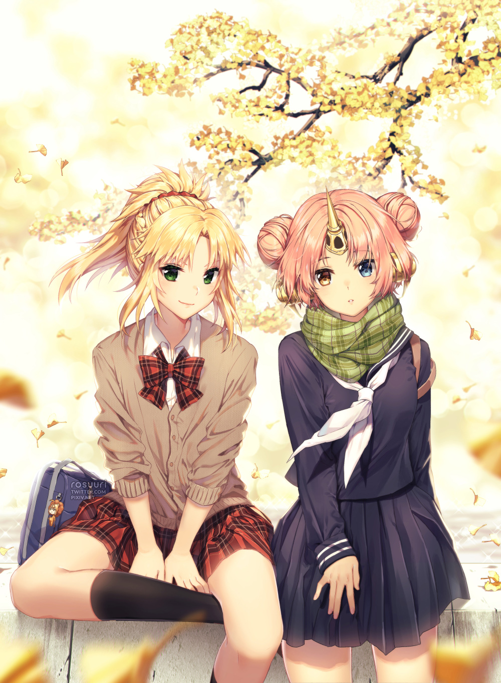 2girls artist_name artoria_pendragon_(fate) autumn autumn_leaves bag bag_charm black_legwear black_serafuku blonde_hair blue_eyes blurry bow bowtie braid buttons cardigan character_doll charm_(object) day depth_of_field double_bun fate/apocrypha fate_(series) frankenstein&#039;s_monster_(fate) ginkgo_leaf ginkgo_tree green_eyes hair_bun hair_ornament headgear heterochromia highres horns leaf lens_flare long_sleeves looking_at_viewer mordred_(fate) mordred_(fate/apocrypha) multiple_girls neckerchief outdoors parted_bangs parted_lips pink_hair plaid_bow plaid_bowtie plaid_clothes plaid_neckwear plaid_skirt pleated_skirt ponytail red_bow red_bowtie rosuuri saber_lion scarf school_bag school_uniform serafuku short_hair sidelocks single_horn sitting skirt sleeves_rolled_up smile socks sparkle standing sunlight tree v_arms white_neckerchief wing_collar yellow_eyes
