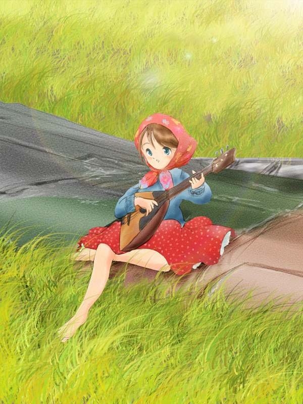 1girl after_battle aircraft airplane balalaika_(instrument) barefoot battle_of_kursk blue_eyes blush brown_hair celebration commentary_request debris good_end grass guitar headscarf holding holding_guitar holding_instrument instrument military music original playing_instrument real_life retro_artstyle ruins russia russian_clothes saki_jun&#039;ya scarf sitting sketch skirt victory world_war_ii wreckage