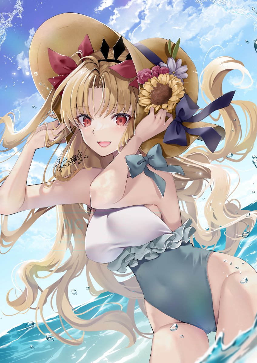 1girl akatsuki_hijiri blue_sky breasts commentary_request covered_navel day ereshkigal_(fate) fate/grand_order fate_(series) floating_hair flower hair_ribbon hat hat_flower highleg highleg_one-piece_swimsuit highres long_hair looking_at_viewer medium_breasts one-piece_swimsuit outdoors parted_bangs partially_submerged red_ribbon ribbon sky smile solo space_ereshkigal_(fate) space_ereshkigal_(first_ascension)_(fate) straw_hat sun_hat sunflower swimsuit two_side_up water yellow_flower