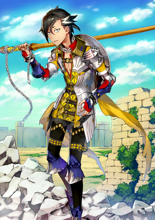 1boy armor armored_boots armored_gloves belt black_hair black_pants blue_sky boots bracer chain chain_around_neck closed_mouth cloud collarbone expressionless fate/grand_order fate_(series) fingerless_gloves foot_out_of_frame game_cg ginka_sima gloves grey_eyes hair_between_eyes hand_on_own_hip hand_up holding holding_sword holding_weapon leg_up looking_at_viewer male_focus mandricardo_(fate) medium_hair multicolored_hair official_art over_shoulder pants pauldrons pectorals plunging_neckline red_gloves red_shirt rubble ruins shield shield_on_back shirt shoulder_armor sky solo standing sweater_guard swept_bangs sword thigh_belt thigh_strap third-party_source two-tone_hair variant_set weapon weapon_over_shoulder white_streaks wing_collar wooden_sword