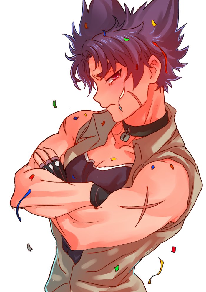 1boy camp_buddy choker closed_mouth collar collarbone confetti crossed_arms cseighteen embarrassed fingerless_gloves gloves looking_at_viewer male_focus muscular muscular_male partially_unbuttoned pectoral_cleavage pectorals purple_hair scar simple_background sleeveless solo spiked_hair vest white_background yoichi_yukimura