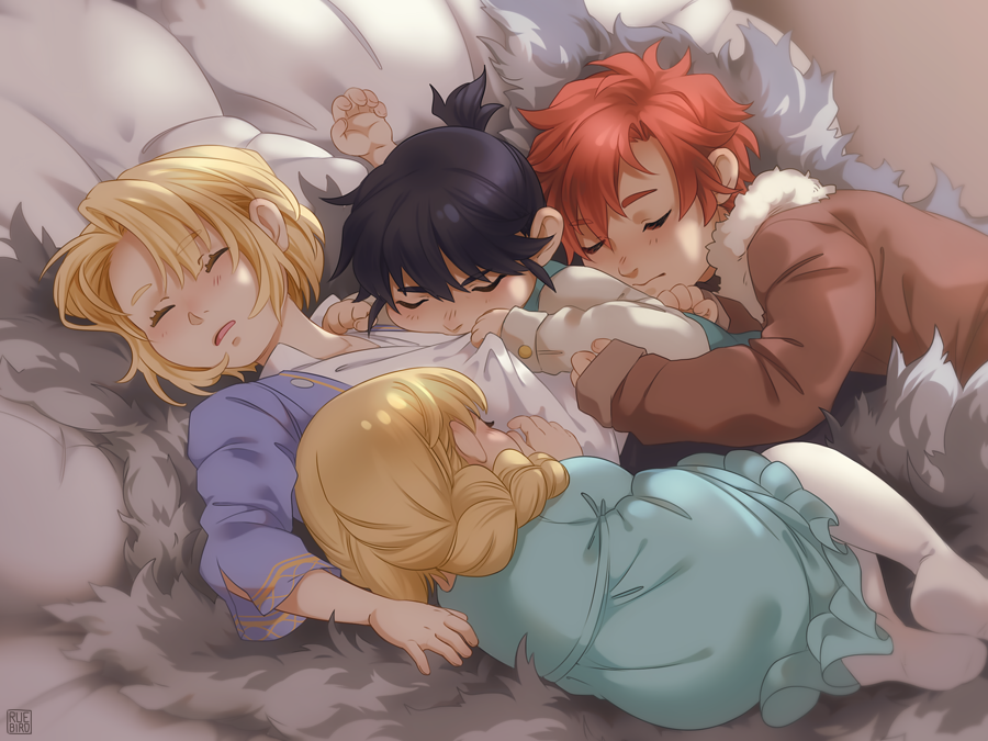 1girl 3boys aqua_dress aqua_tunic arm_up black_hair blonde_hair blue_shirt blush braid brown_coat buttoned_cuffs buttons child closed_eyes closed_mouth clothes_pull coat curled_fingers curled_up dimitri_alexandre_blaiddyd dimitri_alexandre_blaiddyd_(young) dress felix_hugo_fraldarius fire_emblem fire_emblem:_three_houses frilled_dress frills fur-trimmed_coat fur_trim gold_trim hair_behind_ear hair_between_eyes hand_in_another&#039;s_clothes ingrid_brandl_galatea knees_up layered_clothes leggings long_sleeves lying multiple_boys nintendo on_back on_bed on_pillow open_clothes open_mouth open_shirt ponytail red_hair ruebird shirt short_ponytail single_braid sleeping sylvain_jose_gautier tunic white_fur white_leggings