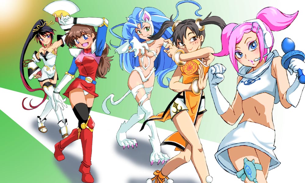 5girls animal_ears animal_hands arms_up bandai_namco bare_legs bare_shoulders belt big_hair black_hair blue_eyes blue_hair blush body_control boots bracelet breasts brown_eyes brown_hair capcom cat_ears cat_girl cat_paws cat_tail china_dress chinese_clothes claws cleavage closed_mouth commentary crossover dancing dress excited fang felicia_(darkstalkers) fingerless_gloves folding_fan gloves green_eyes hand_fan hand_on_own_hip happy headset high_heel_boots high_heels holding holding_fan holding_microphone imitating jewelry kanda_momo letter_print ling_xiaoyu long_hair long_sleeves looking_at_viewer looking_to_the_side microphone midriff mixed-language_commentary monolith_soft multicolored_hair multiple_crossover multiple_girls nanbu_kaguya navel onnaski open_mouth orange_dress pink_hair ponytail pose_imitation project_x_zone red_footwear red_hair revealing_clothes sega short_hair smile space_channel_5 super_robot_wars super_robot_wars_og_saga_mugen_no_frontier tail tekken tekken_3 thighhighs thighs tiptoes twintails ulala underwear white_footwear white_gloves wonder_momo