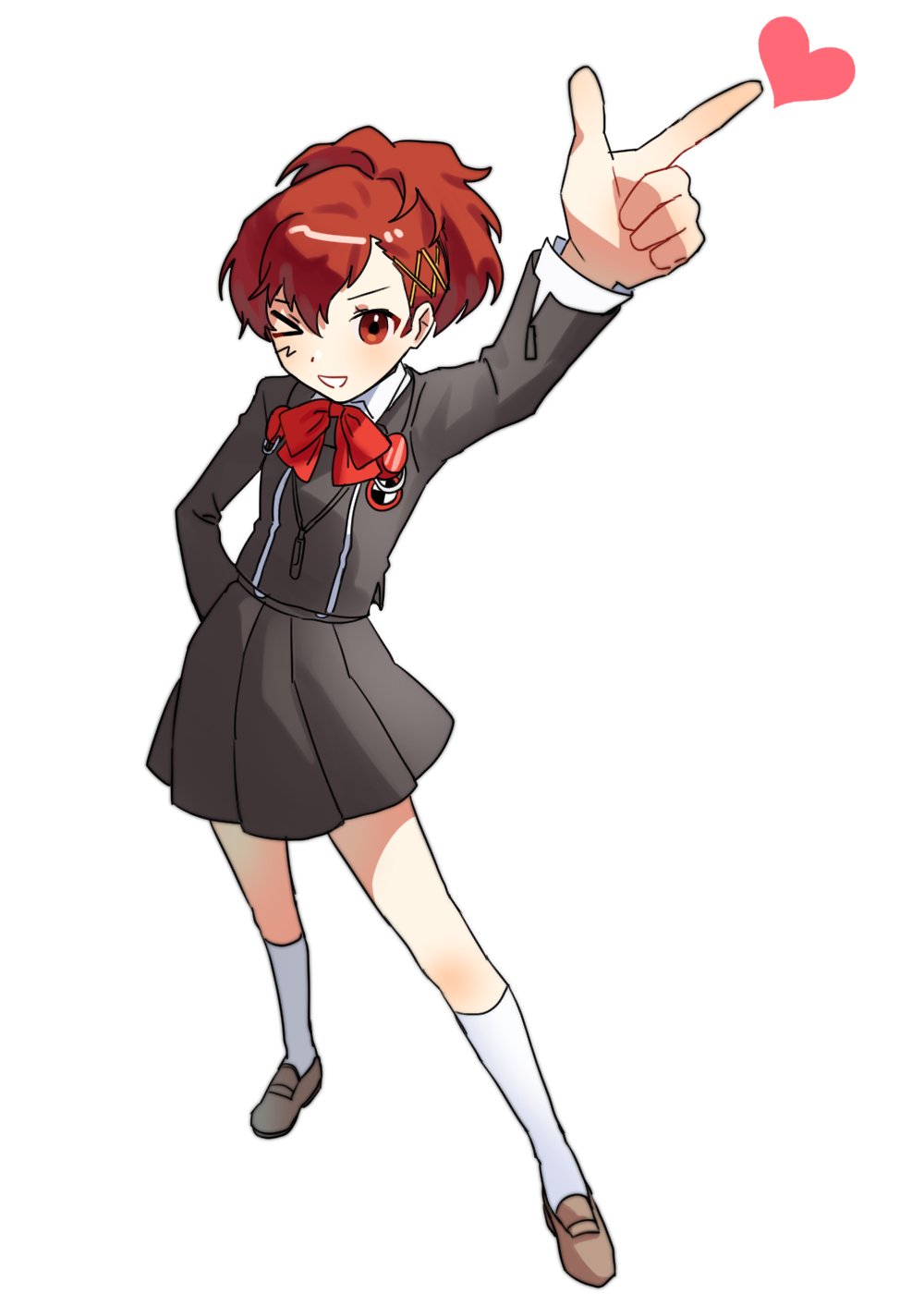 1girl arm_up black_jacket black_skirt bow bowtie brown_footwear brown_hair collared_shirt commentary_request digital_media_player digital_walkman earphones_removed full_body gekkoukan_high_school_uniform hair_ornament hairclip hand_in_pocket heart highres index_finger_raised jacket light_blush long_sleeves looking_at_viewer one_eye_closed parted_lips persona persona_3 persona_3_portable pleated_skirt red_bow red_bowtie red_eyes school_uniform shiomi_kotone shirt simple_background skirt smile socks solo standing walkman_nw-s203f white_background white_shirt white_socks yomyompi
