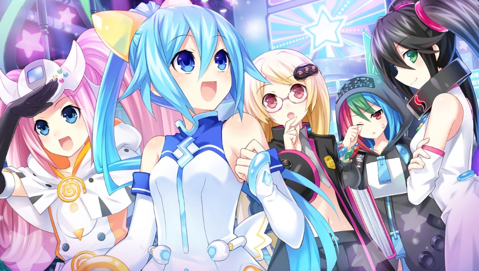 10s 5girls black_hair blonde_hair blue_eyes blue_hair choujigen_taisen_neptune_vs_sega_hard_girls elbow_gloves game_cg glasses gloves green_eyes hair_ornament long_hair multiple_girls neptune_(series) official_art one_eye_closed pink_hair ponytail red_eyes sega_dreamcast_(sega_hard_girls) sega_game_gear_(sega_hard_girls) sega_hard_girls sega_hatsumi sega_mega_drive_(sega_hard_girls) sega_saturn_(sega_hard_girls) tsunako twintails