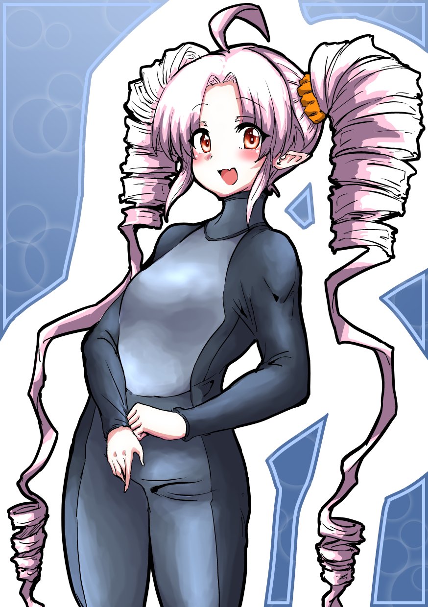 1girl adjusting_clothes ahoge alternate_costume blush bodysuit breasts cowboy_shot diving_suit drill_hair fang hair_tie highres long_hair monyomoke onikko_hunter_tsuina-chan open_mouth pink_hair pointy_ears red_eyes sidelocks simple_background skin_fang small_breasts smile solo tsuina-chan twin_drills twintails two-tone_bodysuit very_long_hair voiceroid wetsuit