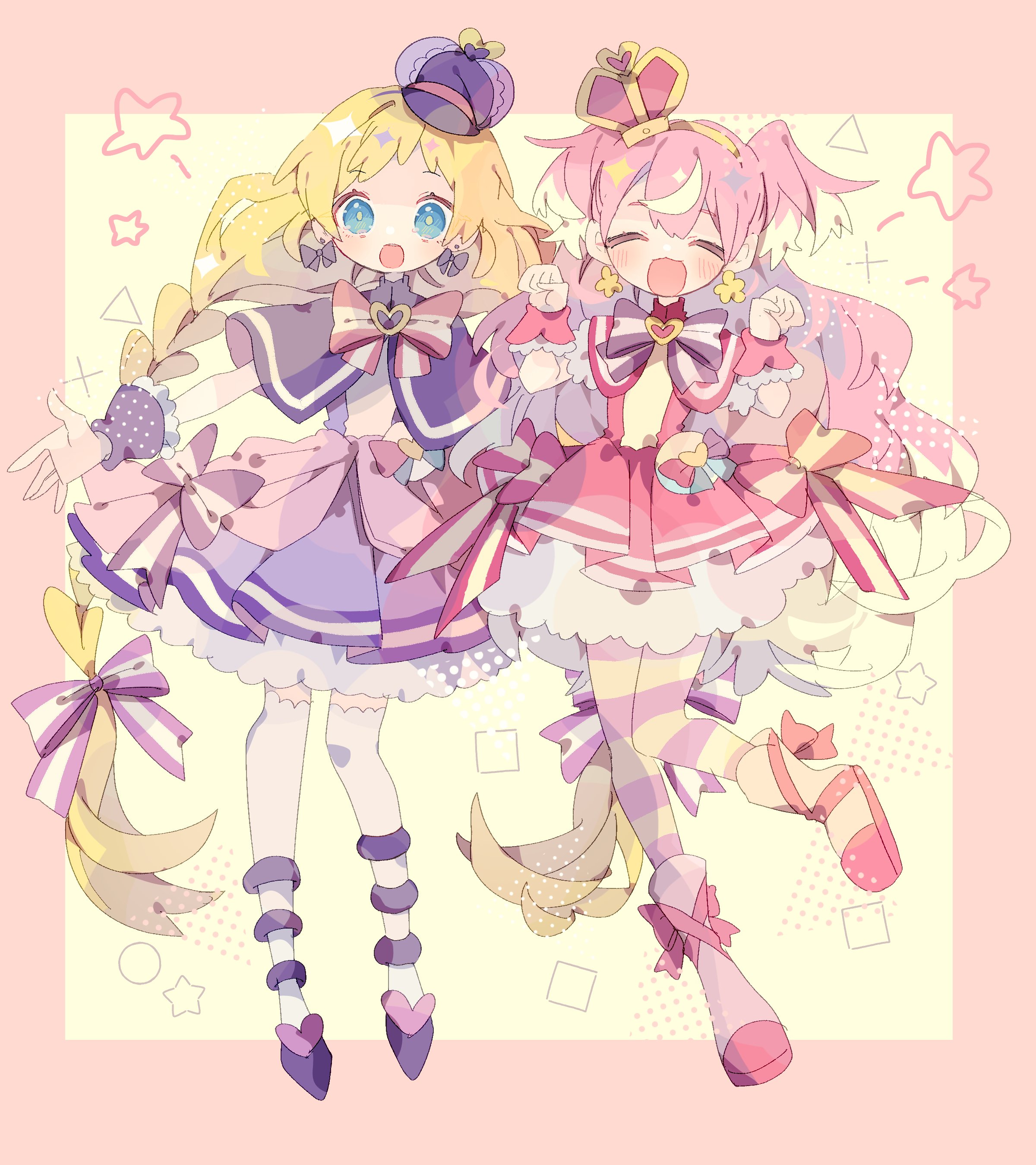 2girls :d absurdres blonde_hair blue_eyes blush bow braid capelet closed_eyes commentary crown cure_friendy cure_wonderful dress earrings facing_viewer frilled_dress frills full_body hands_up highres inukai_iroha inukai_komugi jewelry long_hair looking_at_viewer multiple_girls nikorashi-ka open_mouth pantyhose pink_dress pink_hair pink_pantyhose pink_shoes pink_wrist_cuffs precure purple_bow purple_capelet purple_dress purple_shoes purple_wrist_cuffs red_bow shoes smile star_(symbol) striped_clothes striped_pantyhose thighhighs twin_braids white_thighhighs wonderful_precure! wrist_cuffs yellow_pantyhose