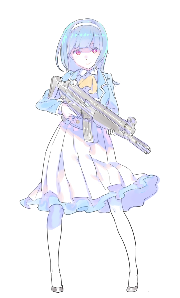 1girl assault_rifle blue_hair enkyo_yuuichirou female_focus full_body gun hairband hakanai_eri_(shooting_girl) hk53 holding holding_gun holding_weapon jacket long_skirt long_sleeves looking_at_viewer pantyhose pink_eyes rifle shooting_girl short_hair simple_background skirt solo standing trigger_discipline weapon white_background white_pantyhose white_skirt
