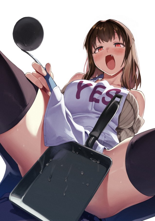 1girl apron bare_shoulders black_thighhighs blush breasts brown_hair brown_sweater commentary_request convenient_censoring fang holding holding_polearm holding_weapon kotobuki_mayuki large_breasts looking_at_viewer makiyakinabe mature_female medium_hair muchi_maro off-shoulder_sweater off_shoulder open_mouth polearm red_eyes seitokai_ni_mo_ana_wa_aru! simple_background smile solo spread_legs sweater thighhighs weapon white_apron white_background yes