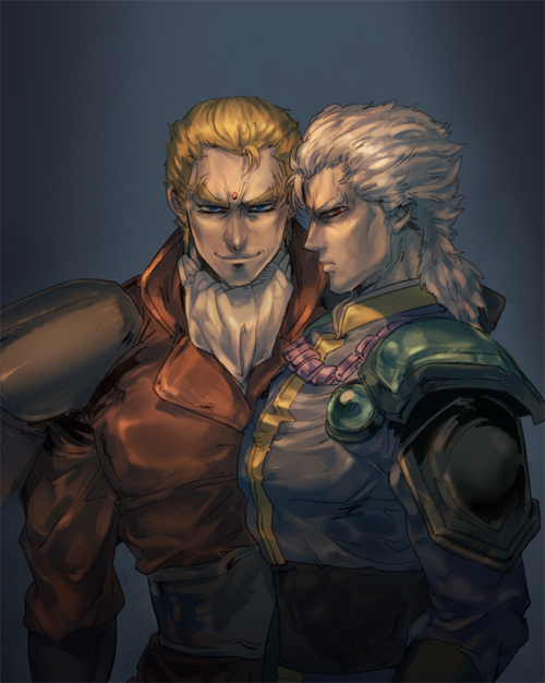 2boys belt blonde_hair blue_background blue_eyes collar formal_clothes hokuto_no_ken jewelry long_hair looking_at_viewer male_focus mozu_suka multiple_boys orb red_eyes short_hair shoulder_pads shu_(hokuto_no_ken) silver_hair smile souther