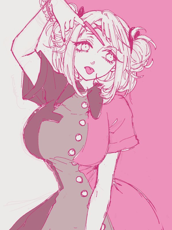 1girl black_dress breasts claw_ring collared_dress double_bun dress game_no_yumeko grey_background grey_dress hair_bun large_breasts looking_to_the_side m/ macross macross_delta macross_delta:_zettai_live!!!!!! monochrome multicolored_dress pink_background pink_dress pink_theme solo tongue tongue_out two-tone_background yami_makina