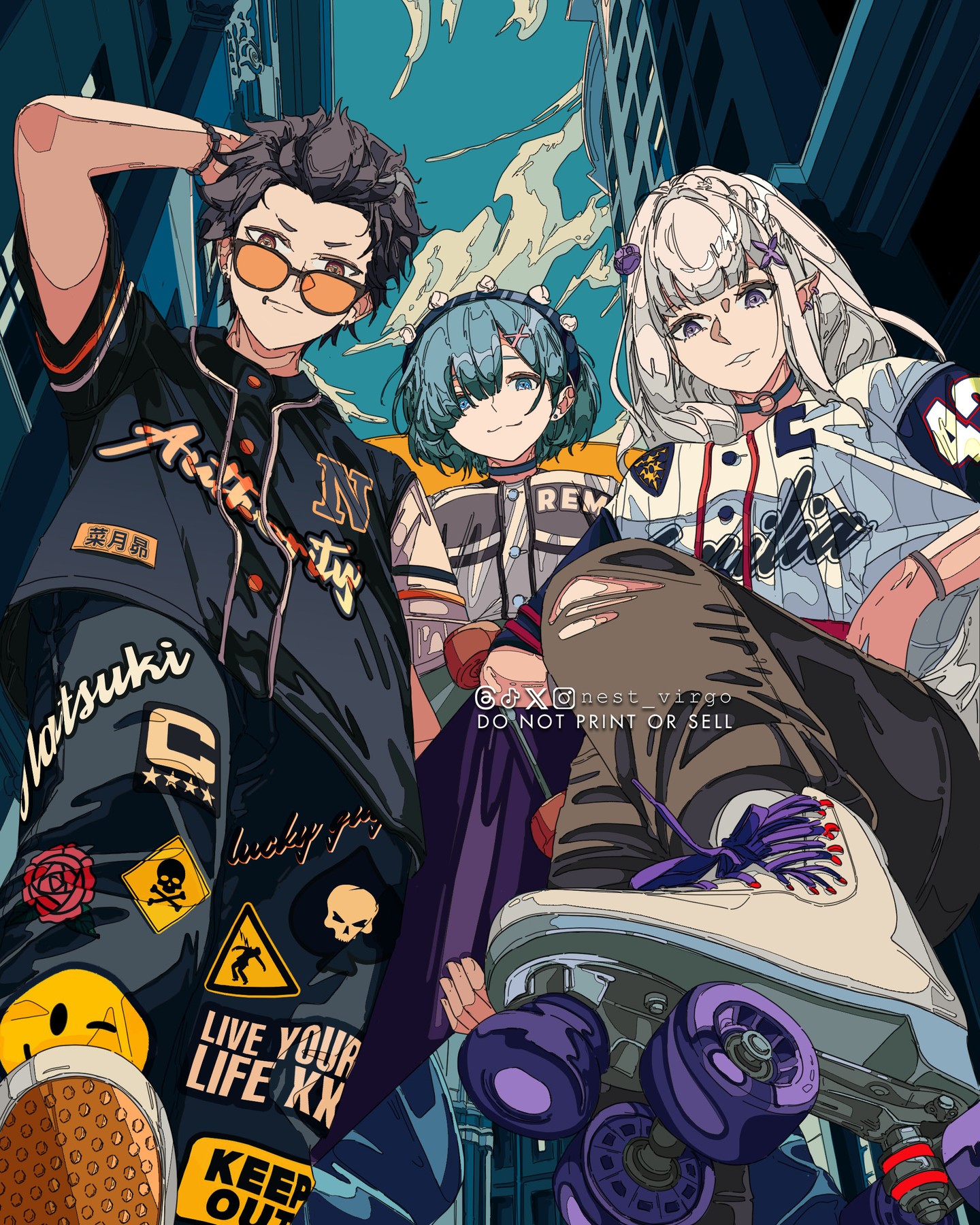 1boy 2girls :3 black_hair black_pants blue_eyes blue_hair breasts brown_pants emilia_(re:zero) from_below glasses grey_eyes hair_ornament hairband highres jacket long_hair looking_at_viewer medium_breasts multiple_girls natsuki_subaru nest_virgo outdoors pants parted_lips re:zero_kara_hajimeru_isekai_seikatsu rem_(re:zero) roller_skates short_hair short_sleeves skates smile white_hair white_jacket