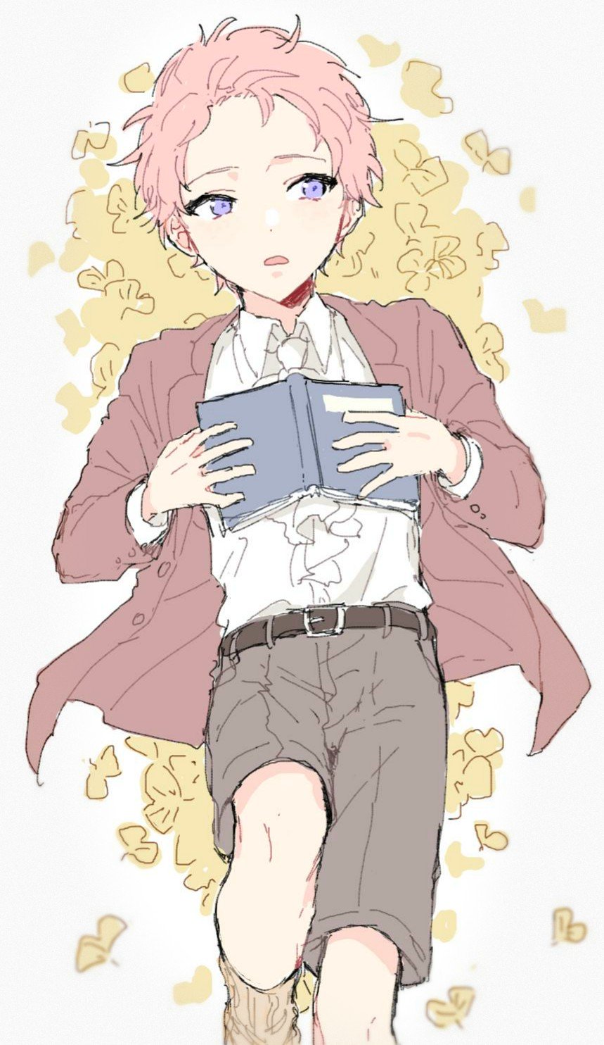 1boy aged_down belt book brown_belt brown_shorts child coat collared_shirt ensemble_stars! highres holding holding_book itsuki_shu juma_(wolf81gizinka) knee_up long_sleeves looking_to_the_side lying male_focus on_back open_clothes open_coat open_mouth pink_hair purple_eyes red_coat shirt short_hair shorts solo