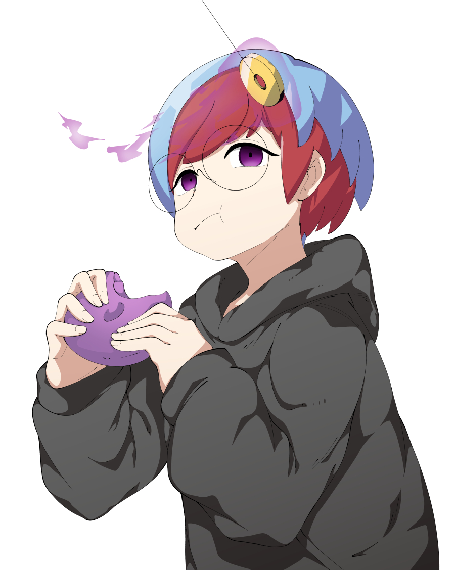 1girl :t black_hoodie blue_hair closed_mouth coin commentary_request eating food glasses hands_up holding holding_food hood hood_down hoodie hypnosis long_sleeves looking_to_the_side mind_control mochi multicolored_hair nintendo pendulum penny_(pokemon) pokemon pokemon_sv purple_eyes red_hair round_eyewear solo string tonu_(aobatonu) two-tone_hair upper_body white_background